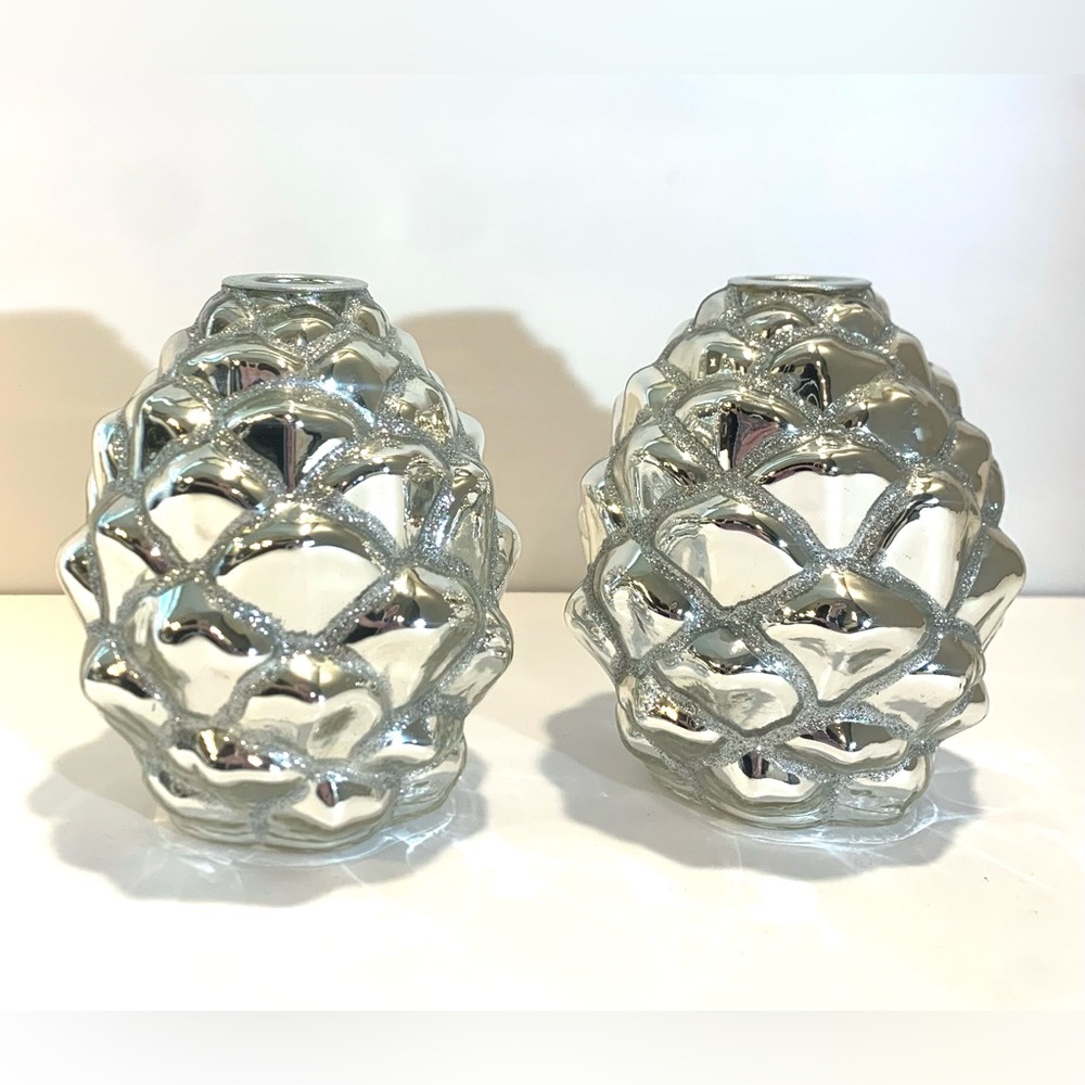 Dept 56 Vtg. Mercury Glass Pinecone Candle Holders Set/2